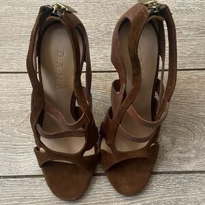 L.A.M.B. Brown Suede Strappy Ankle-Heel Sandals